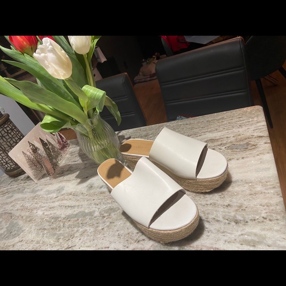 White Platform Sandals with Straw Lower Accent - Picture 2 of 5